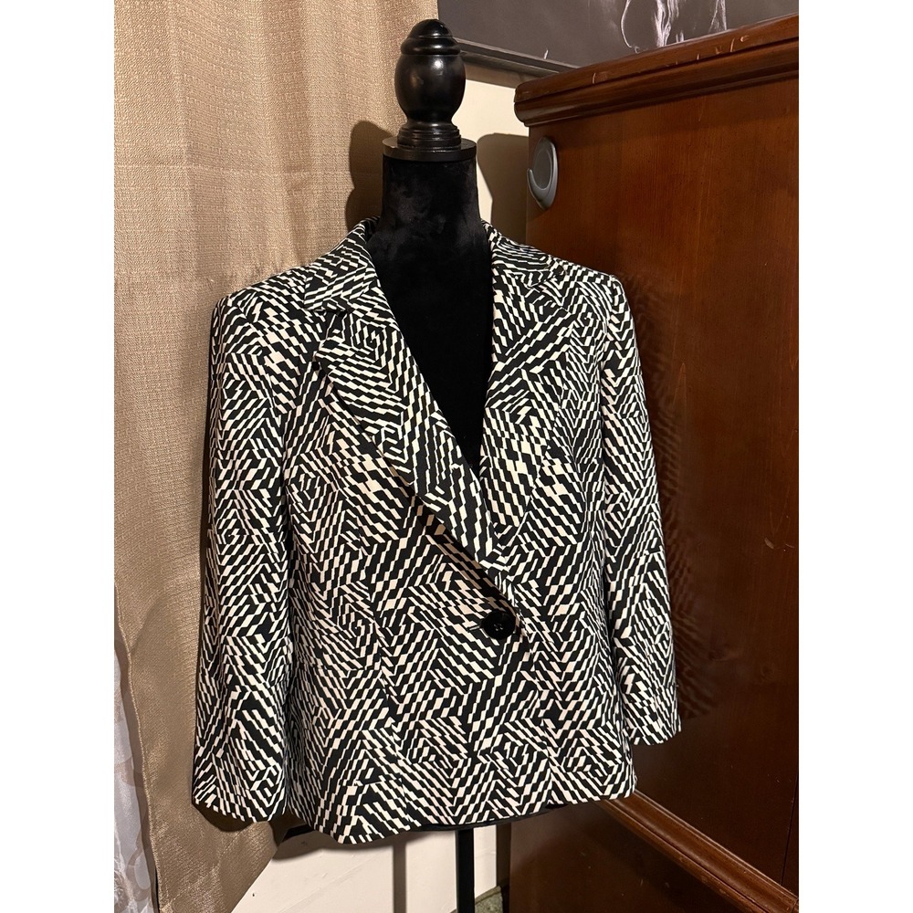 Kasper Womens Black White Geometric Chevron Print Single Button Blazer Jacket 14